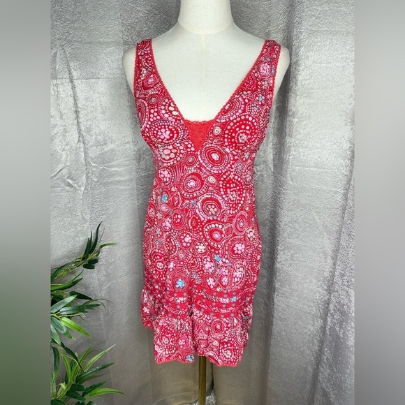Free People Red Multi Printed Boho Tank Mini Dress Sz 2 - Picture 1 of 9